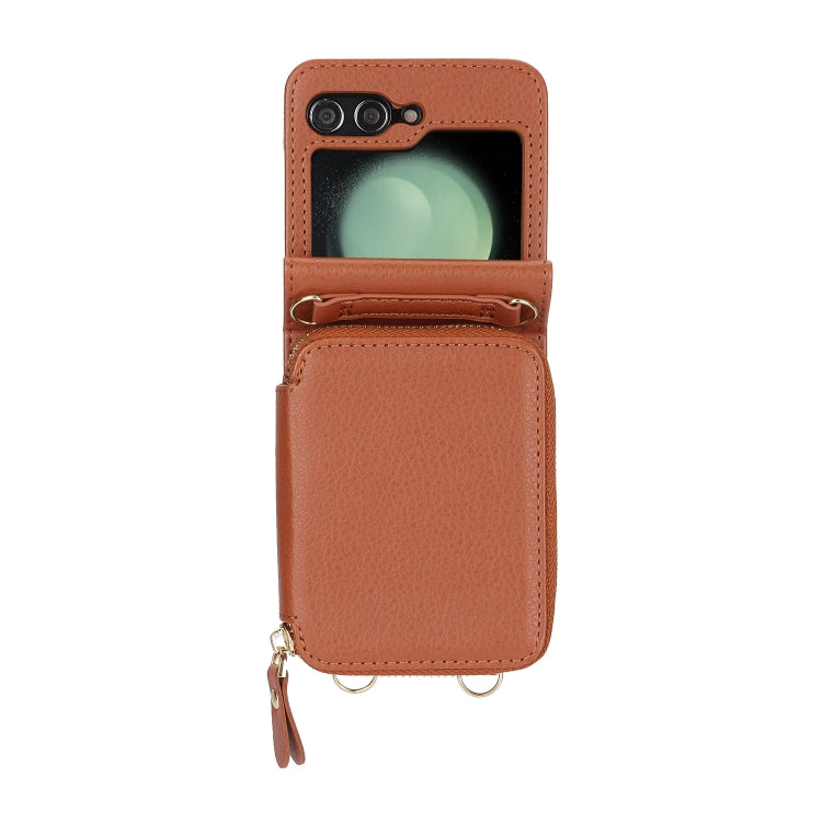 For Samsung Galaxy Z Flip5 Long and Short Lanyard Zipper Card Slot Foldable Phone Case(Brown) - Galaxy Z Flip5 Cases by buy2fix | Online Shopping UK | buy2fix