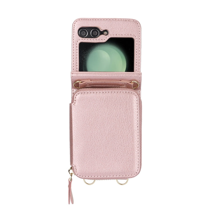 For Samsung Galaxy Z Flip5 Long and Short Lanyard Zipper Card Slot Foldable Phone Case(Pink) - Galaxy Z Flip5 Cases by buy2fix | Online Shopping UK | buy2fix
