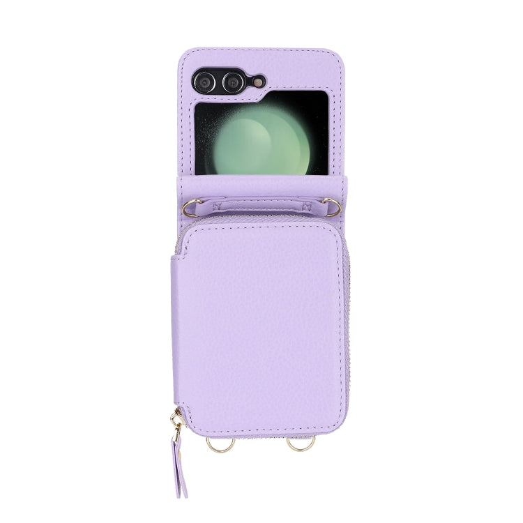 For Samsung Galaxy Z Flip5 Long and Short Lanyard Zipper Card Slot Foldable Phone Case(Purple) - Galaxy Z Flip5 Cases by buy2fix | Online Shopping UK | buy2fix