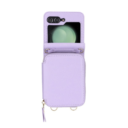 For Samsung Galaxy Z Flip5 Long and Short Lanyard Zipper Card Slot Foldable Phone Case(Purple) - Galaxy Z Flip5 Cases by buy2fix | Online Shopping UK | buy2fix