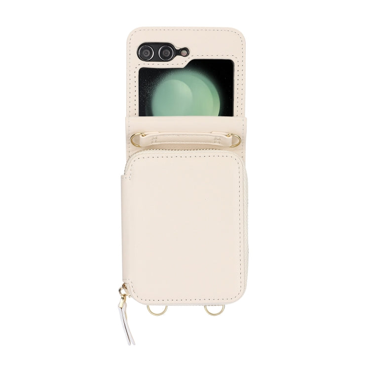 For Samsung Galaxy Z Flip5 Long and Short Lanyard Zipper Card Slot Foldable Phone Case(Beige) - Galaxy Z Flip5 Cases by buy2fix | Online Shopping UK | buy2fix