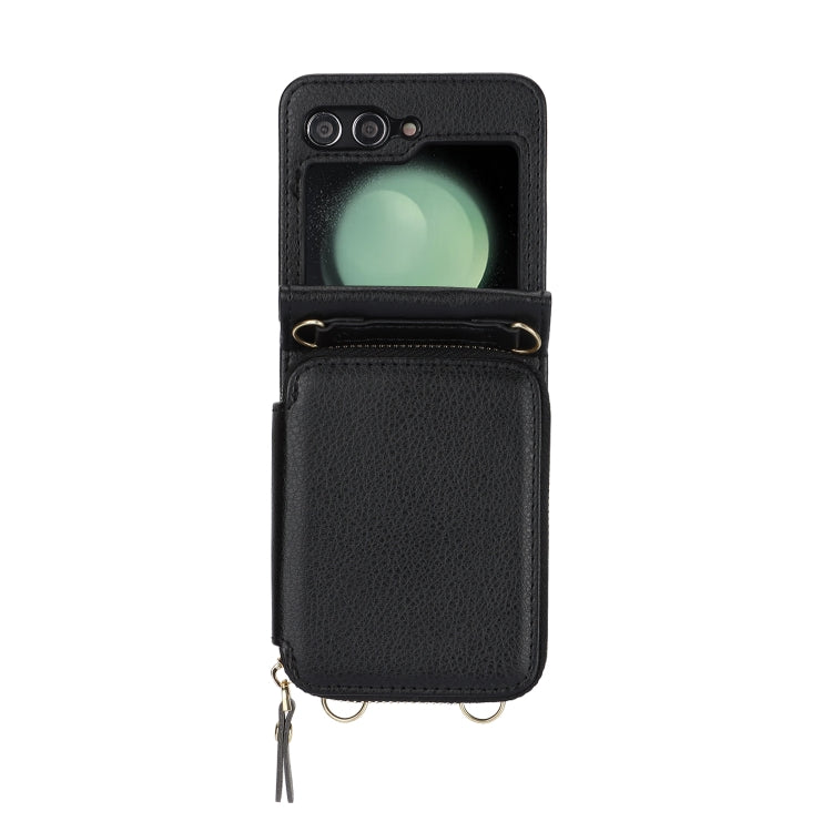 For Samsung Galaxy Z Flip5 Long and Short Lanyard Zipper Card Slot Foldable Phone Case(Black) - Galaxy Z Flip5 Cases by buy2fix | Online Shopping UK | buy2fix