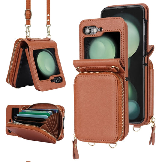 For Samsung Galaxy Z Flip6 / Flip7 FE Long and Short Lanyard Zipper Card Slot Foldable Phone Case(Brown)