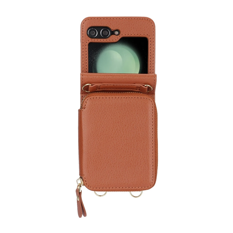 For Samsung Galaxy Z Flip6 Long and Short Lanyard Zipper Card Slot Foldable Phone Case(Brown) - Galaxy Z Flip6 5G Cases by buy2fix | Online Shopping UK | buy2fix