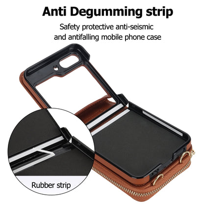 For Samsung Galaxy Z Flip6 Long and Short Lanyard Zipper Card Slot Foldable Phone Case(Brown) - Galaxy Z Flip6 5G Cases by buy2fix | Online Shopping UK | buy2fix