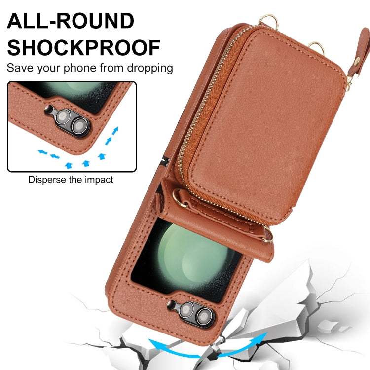 For Samsung Galaxy Z Flip6 Long and Short Lanyard Zipper Card Slot Foldable Phone Case(Brown) - Galaxy Z Flip6 5G Cases by buy2fix | Online Shopping UK | buy2fix