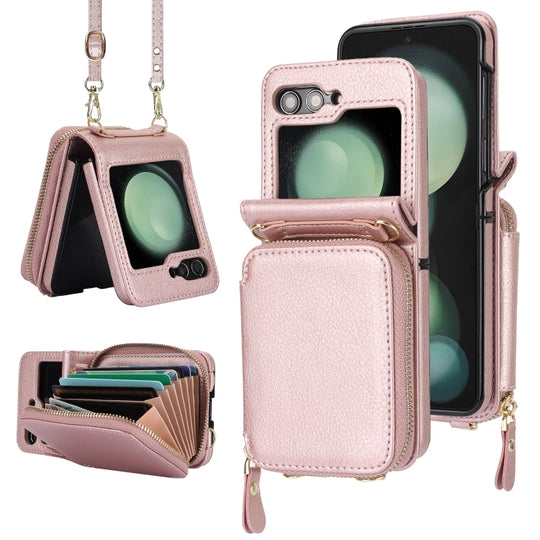 For Samsung Galaxy Z Flip6 / Flip7 FE Long and Short Lanyard Zipper Card Slot Foldable Phone Case(Pink)