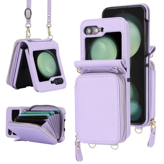 For Samsung Galaxy Z Flip6 / Flip7 FE Long and Short Lanyard Zipper Card Slot Foldable Phone Case(Purple)