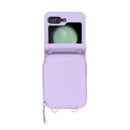 For Samsung Galaxy Z Flip6 Long and Short Lanyard Zipper Card Slot Foldable Phone Case(Purple) - Galaxy Z Flip6 5G Cases by buy2fix | Online Shopping UK | buy2fix