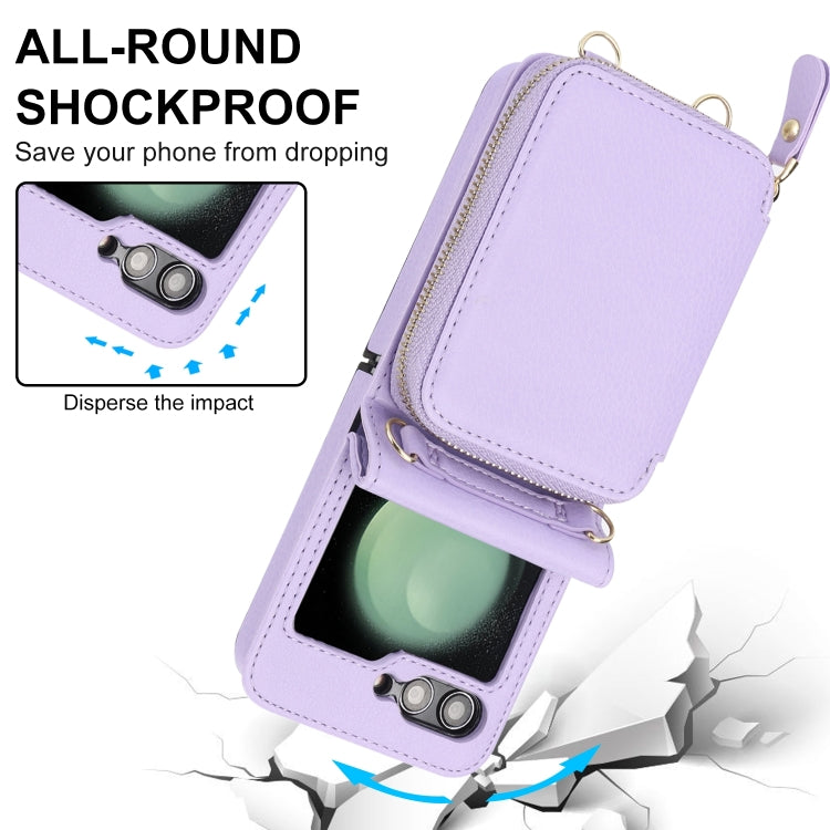 For Samsung Galaxy Z Flip6 Long and Short Lanyard Zipper Card Slot Foldable Phone Case(Purple) - Galaxy Z Flip6 5G Cases by buy2fix | Online Shopping UK | buy2fix