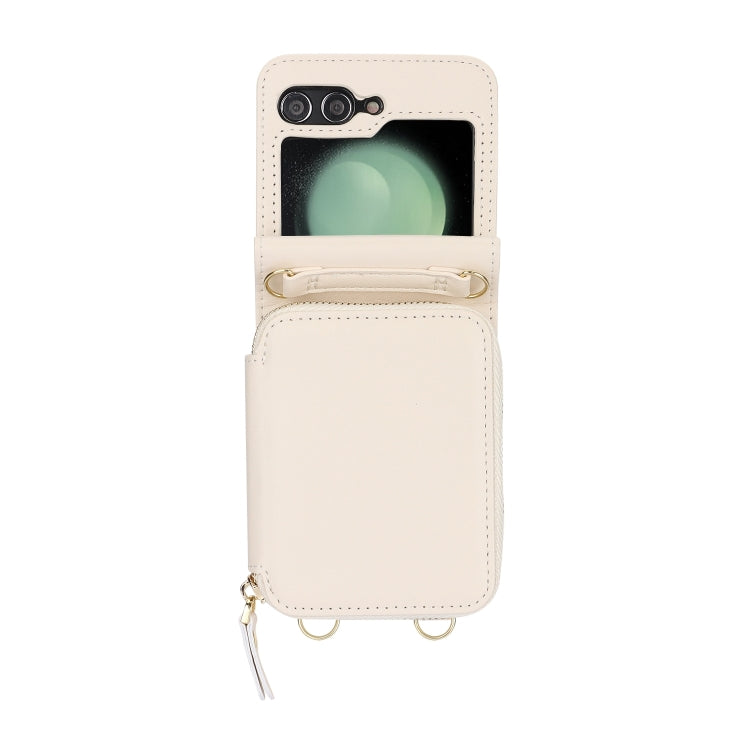 For Samsung Galaxy Z Flip6 / Flip7 FE Long and Short Lanyard Zipper Card Slot Foldable Phone Case(Beige) - Galaxy Z Flip6 5G Cases by buy2fix | Online Shopping UK | buy2fix