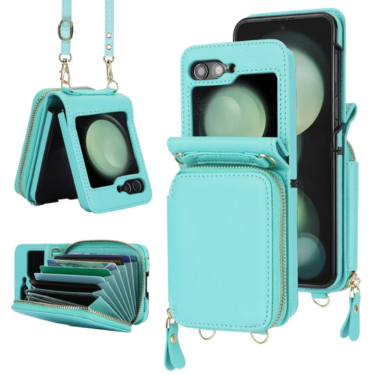 For Samsung Galaxy Z Flip6 / Flip7 FE Long and Short Lanyard Zipper Card Slot Foldable Phone Case(Mint Green)