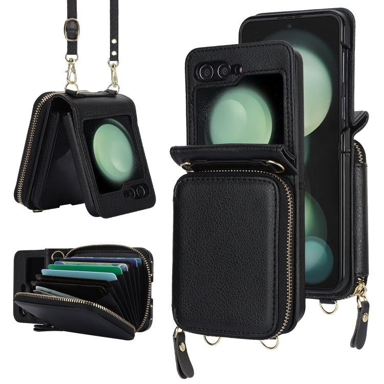 For Samsung Galaxy Z Flip6 Long and Short Lanyard Zipper Card Slot Foldable Phone Case(Black) - Galaxy Z Flip6 5G Cases by buy2fix | Online Shopping UK | buy2fix