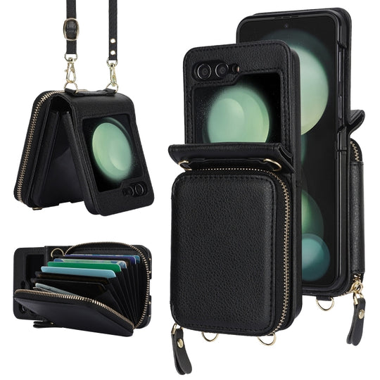 For Samsung Galaxy Z Flip6 / Flip7 FE Long and Short Lanyard Zipper Card Slot Foldable Phone Case(Black)