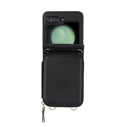 For Samsung Galaxy Z Flip6 Long and Short Lanyard Zipper Card Slot Foldable Phone Case(Black) - Galaxy Z Flip6 5G Cases by buy2fix | Online Shopping UK | buy2fix