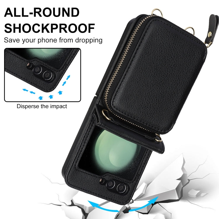 For Samsung Galaxy Z Flip6 Long and Short Lanyard Zipper Card Slot Foldable Phone Case(Black) - Galaxy Z Flip6 5G Cases by buy2fix | Online Shopping UK | buy2fix