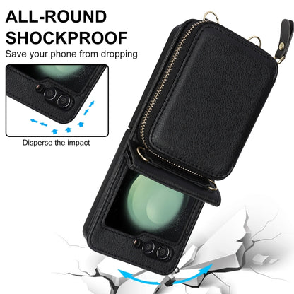 For Samsung Galaxy Z Flip6 Long and Short Lanyard Zipper Card Slot Foldable Phone Case(Black) - Galaxy Z Flip6 5G Cases by buy2fix | Online Shopping UK | buy2fix