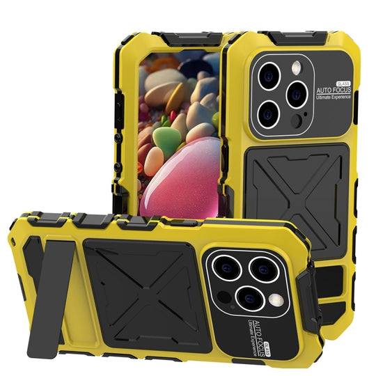 For iPhone 15 Pro Max R-JUST Metal + Silicone + Tempered Glass Life Waterproof Phone Case with Holder(Yellow)