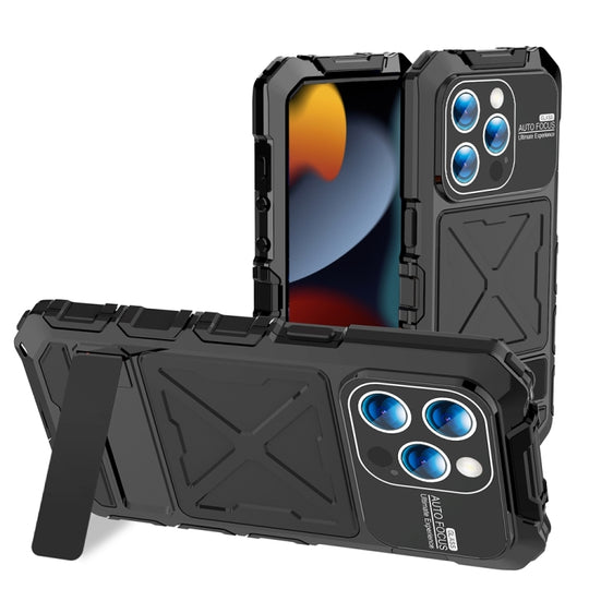 For iPhone 15 Pro R-JUST Metal + Silicone + Tempered Glass Life Waterproof Phone Case with Holder(Black)