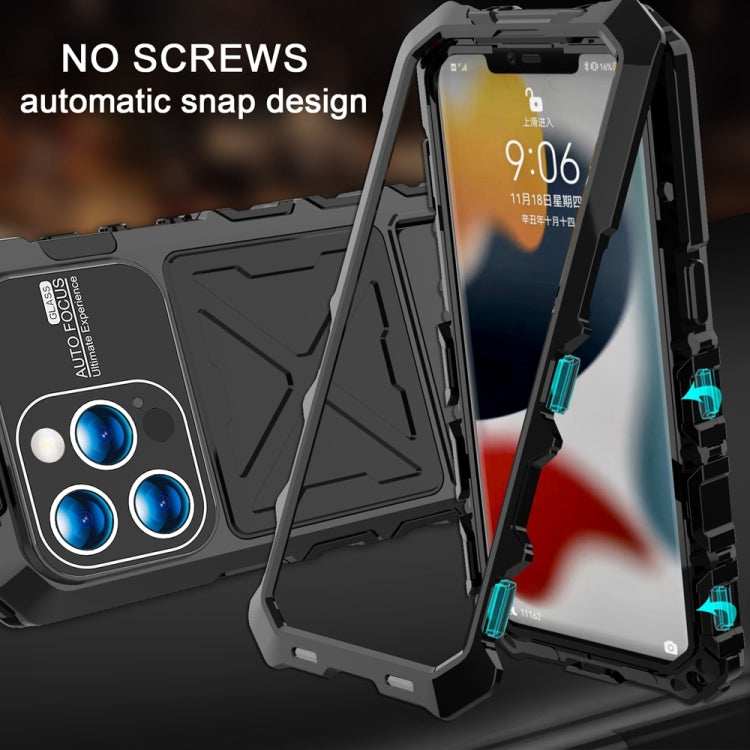 For iPhone 15 Pro R-JUST Metal + Silicone + Tempered Glass Life Waterproof Phone Case with Holder(Black) - iPhone 15 Pro Cases by R-JUST | Online Shopping UK | buy2fix