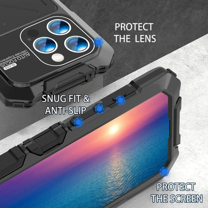 For iPhone 15 Pro R-JUST Metal + Silicone + Tempered Glass Life Waterproof Phone Case with Holder(Black) - iPhone 15 Pro Cases by R-JUST | Online Shopping UK | buy2fix