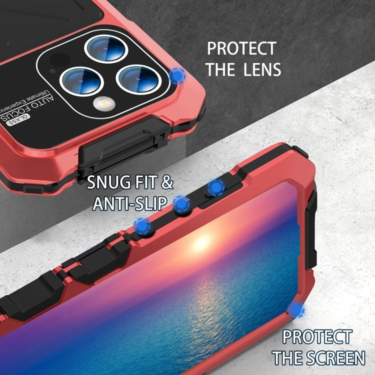 For iPhone 15 Pro R-JUST Metal + Silicone + Tempered Glass Life Waterproof Phone Case with Holder(Red) - iPhone 15 Pro Cases by R-JUST | Online Shopping UK | buy2fix