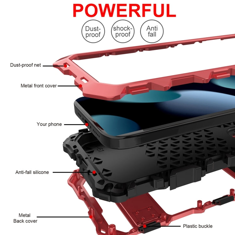 For iPhone 15 Plus R-JUST Metal + Silicone + Tempered Glass Life Waterproof Phone Case with Holder(Red) - iPhone 15 Plus Cases by R-JUST | Online Shopping UK | buy2fix