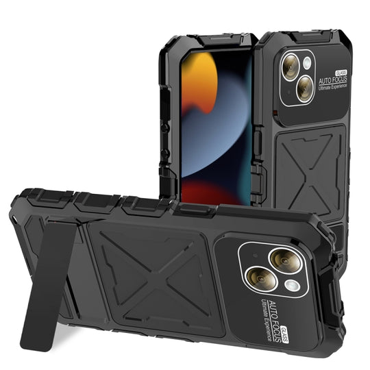For iPhone 15 R-JUST Metal + Silicone + Tempered Glass Life Waterproof Phone Case with Holder(Black)