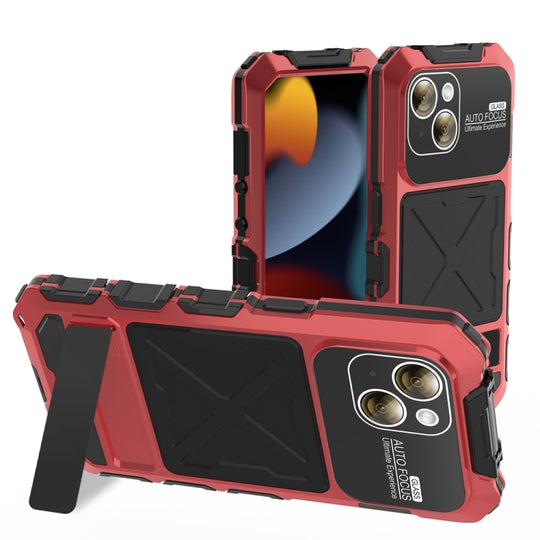 For iPhone 15 R-JUST Metal + Silicone + Tempered Glass Life Waterproof Phone Case with Holder(Red)