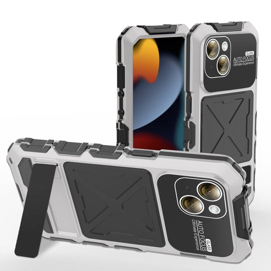 For iPhone 15 R-JUST Metal + Silicone + Tempered Glass Life Waterproof Phone Case with Holder(Silver)