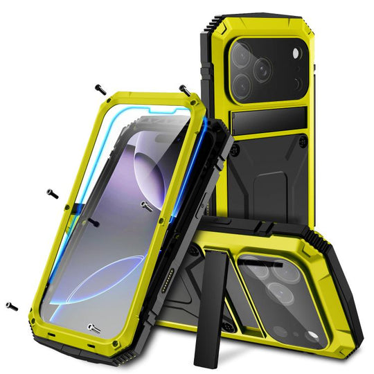 For iPhone 17 Pro R-JUST Metal + Silicone + Tempered Glass Life Waterproof Phone Case with Holder(Yellow)