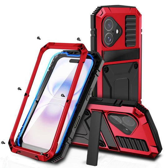 For iPhone 17 R-JUST Metal + Silicone + Tempered Glass Life Waterproof Phone Case with Holder(Red)