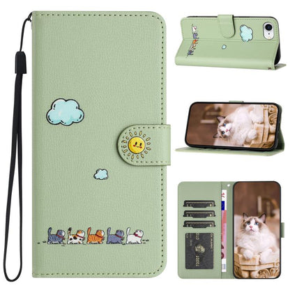 For iPhone 16e Cartoon Cats Leather Phone Case(Green) - iPhone 16e Cases by buy2fix | Online Shopping UK | buy2fix