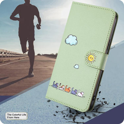 For iPhone 16e Cartoon Cats Leather Phone Case(Green) - iPhone 16e Cases by buy2fix | Online Shopping UK | buy2fix