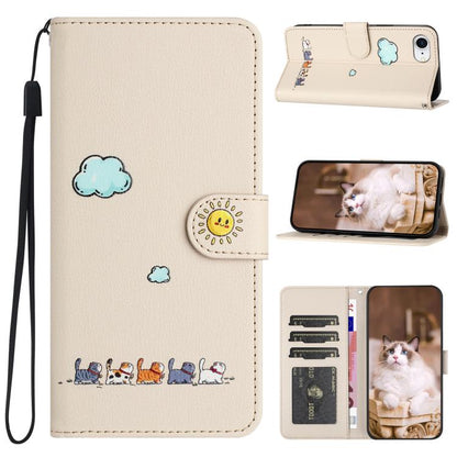 For iPhone 16e Cartoon Cats Leather Phone Case(Beige White) - iPhone 16e Cases by buy2fix | Online Shopping UK | buy2fix