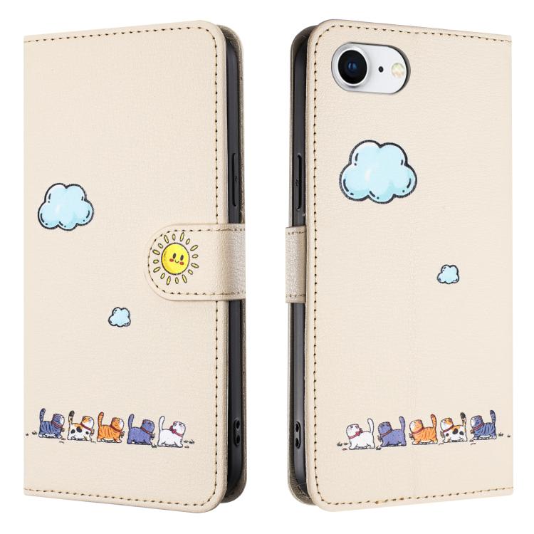 For iPhone 16e Cartoon Cats Leather Phone Case(Beige White) - iPhone 16e Cases by buy2fix | Online Shopping UK | buy2fix