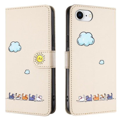 For iPhone 16e Cartoon Cats Leather Phone Case(Beige White) - iPhone 16e Cases by buy2fix | Online Shopping UK | buy2fix