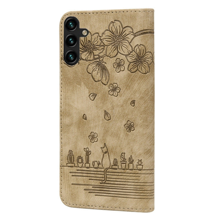 For Samsung Galaxy A55 5G Cartoon Sakura Cat Embossed Leather Phone Case(Brown) - Galaxy Phone Cases by buy2fix | Online Shopping UK | buy2fix