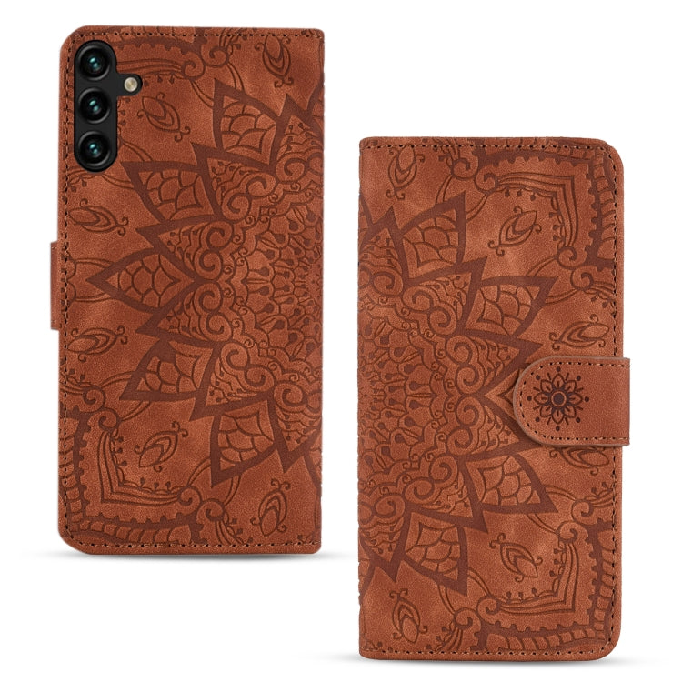 For Samsung Galaxy A15 Mandala Embossed Dual-Fold Calf Leather Phone Case(Brown) by buy2fix