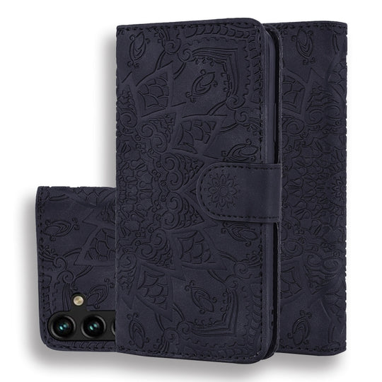 For Samsung Galaxy A55 5G Mandala Embossed Dual-Fold Calf Leather Phone Case(Black)