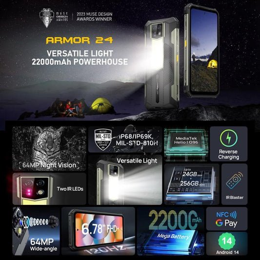 Ulefone Armor 24, 12GB+256GB, Rugged Phone, Side Fingerprint, 22000mAh, 6.78 inch Android 13 MediaTek Helio G96 Octa Core, Network: 4G, NFC(Black) by Ulefone