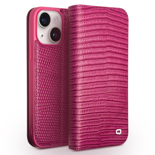 For iPhone 15 Plus QIALINO Little Crocodile Texture Genuine Leather Phone Case(Rose Red)
