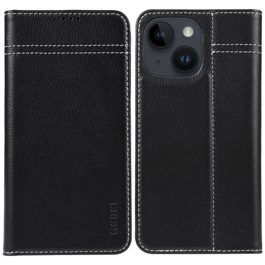For iPhone 15 Plus GEBEI Top-grain Horizontal Flip Leather Phone Case(Black) - iPhone 15 Plus Cases by GEBEI | Online Shopping UK | buy2fix