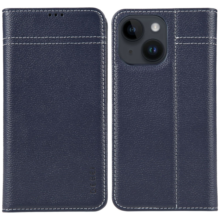 For iPhone 15 Plus GEBEI Top-grain Horizontal Flip Leather Phone Case(Blue) - iPhone 15 Plus Cases by GEBEI | Online Shopping UK | buy2fix