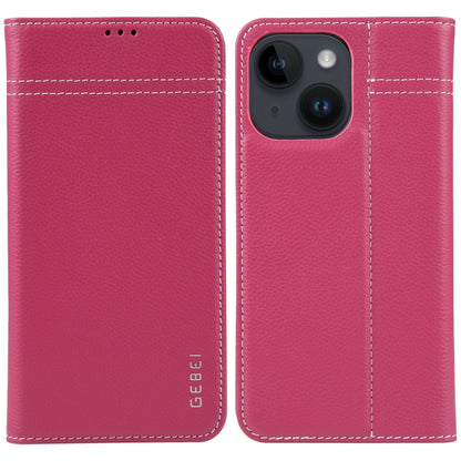 For iPhone 15 Plus GEBEI Top-grain Horizontal Flip Leather Phone Case(Rose Red) - iPhone 15 Plus Cases by GEBEI | Online Shopping UK | buy2fix