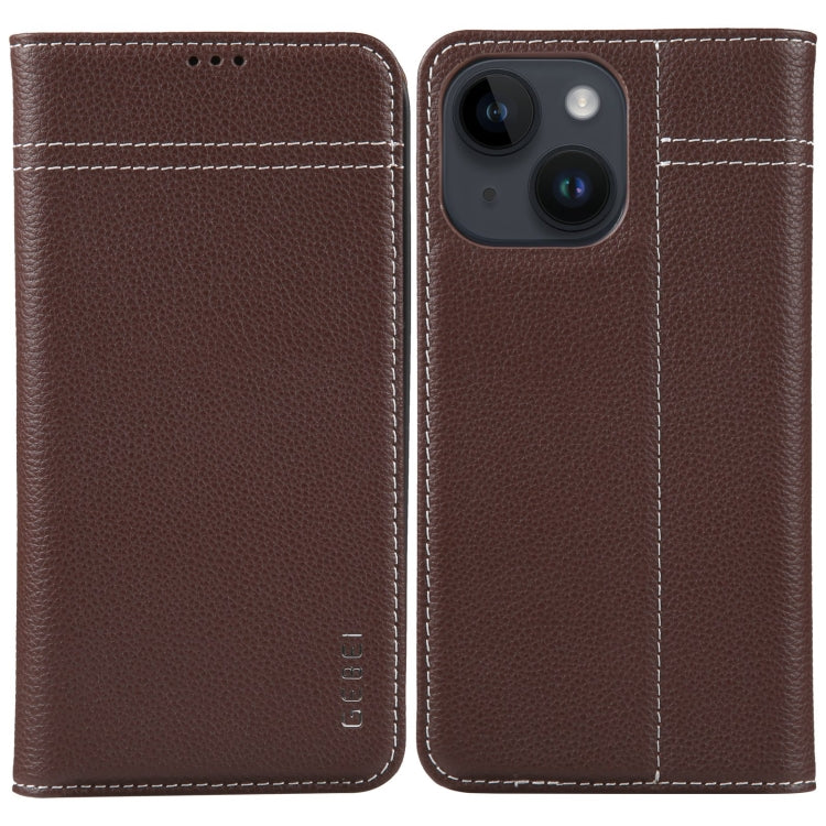 For iPhone 15 GEBEI Top-grain Horizontal Flip Leather Phone Case(Brown) - iPhone 15 Cases by GEBEI | Online Shopping UK | buy2fix