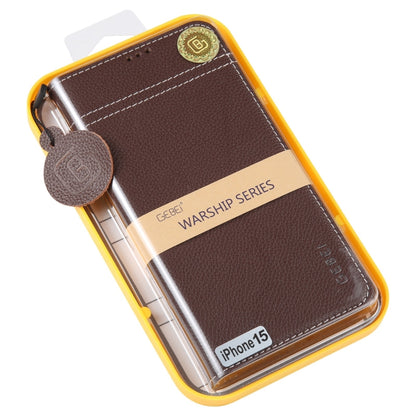 For iPhone 15 GEBEI Top-grain Horizontal Flip Leather Phone Case(Brown) - iPhone 15 Cases by GEBEI | Online Shopping UK | buy2fix