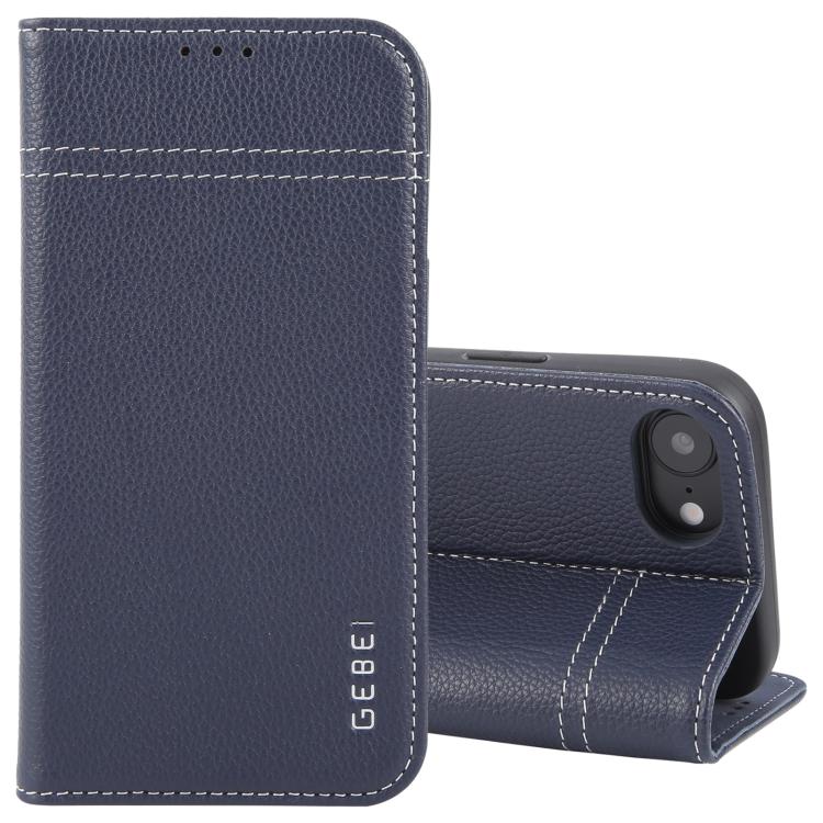 For iPhone 16e GEBEI Top-grain Horizontal Flip Leather Phone Case(Blue) - iPhone 16e Cases by GEBEI | Online Shopping UK | buy2fix