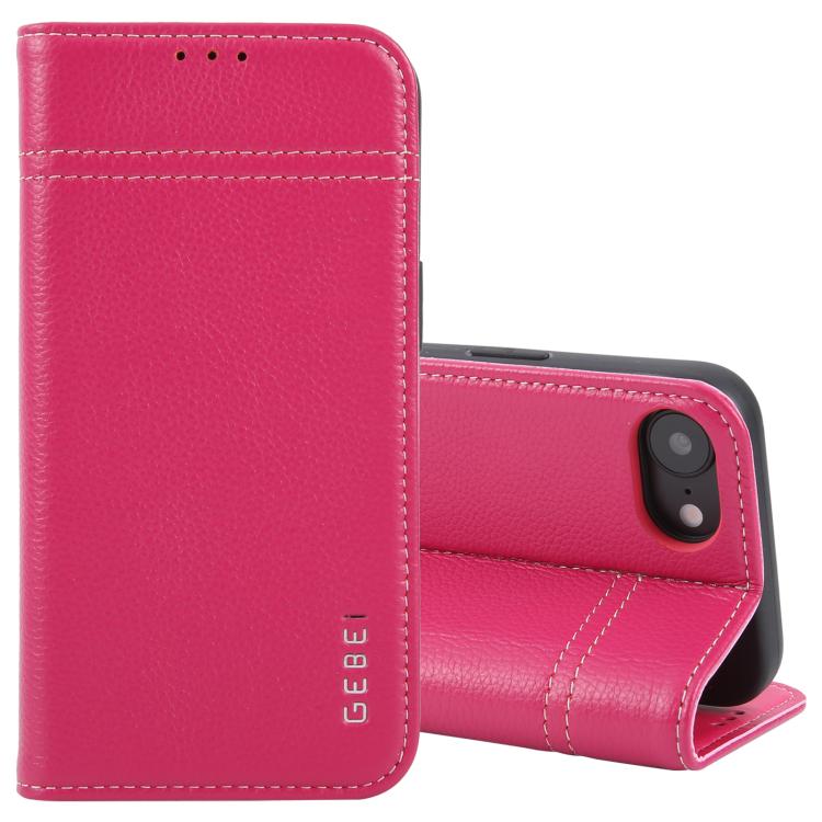 For iPhone 16e GEBEI Top-grain Horizontal Flip Leather Phone Case(Rose Red) - iPhone 16e Cases by GEBEI | Online Shopping UK | buy2fix