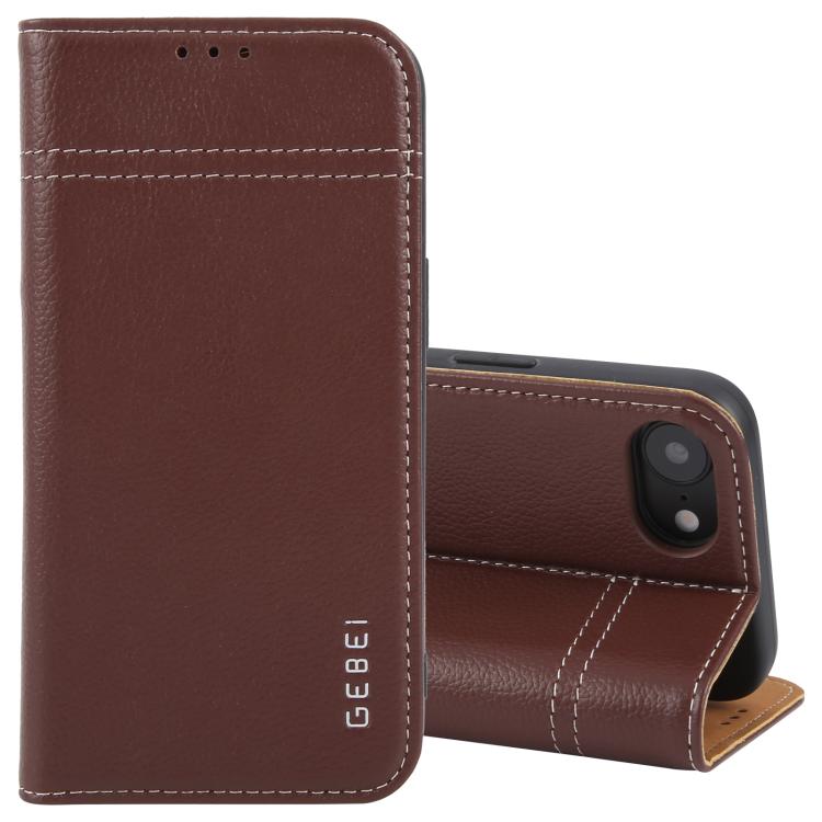 For iPhone 16e GEBEI Top-grain Horizontal Flip Leather Phone Case(Brown) - iPhone 16e Cases by GEBEI | Online Shopping UK | buy2fix